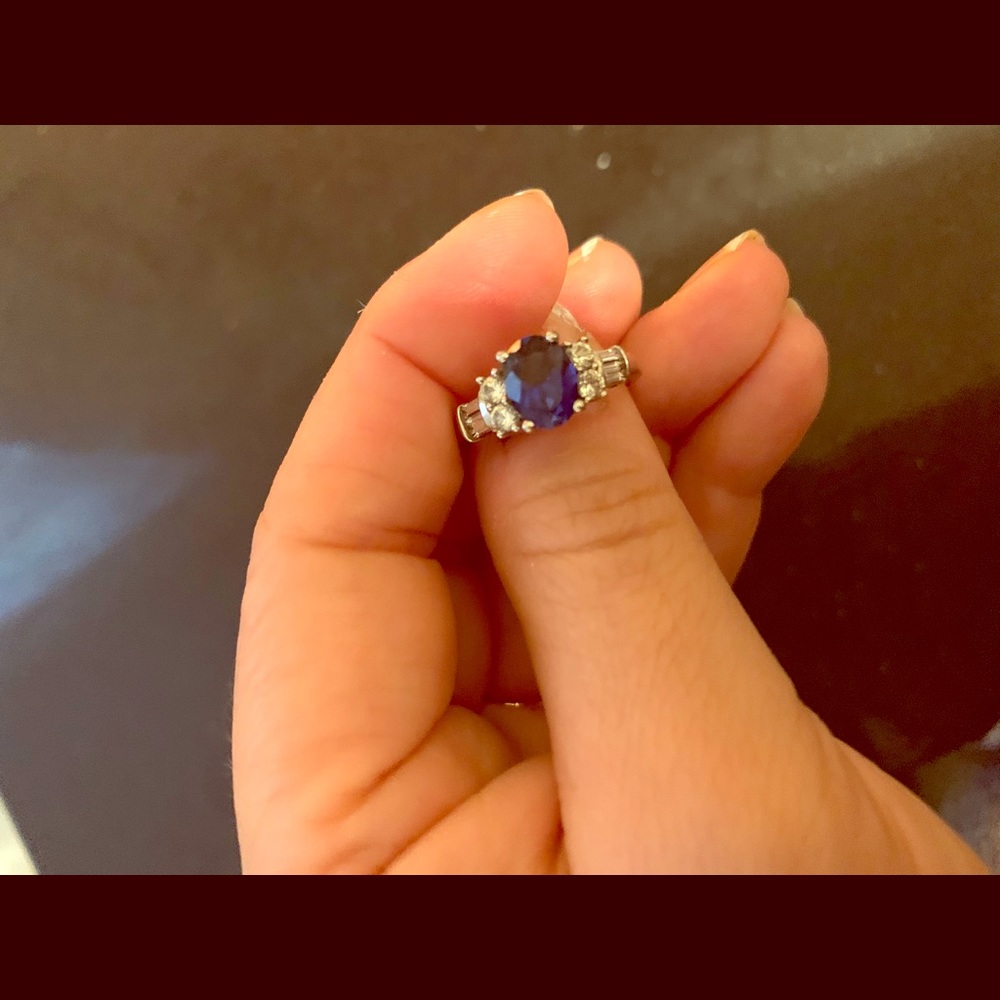 Lab created sapphire and crystal silver ring